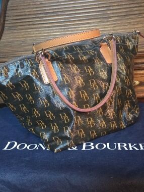 Dooney & Bourke Black and Gold Monogram Satchel with Tan Trim